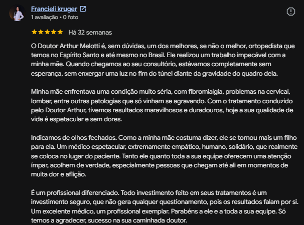 Avaliação real de paciente do Dr. Arthur Melotti no Google