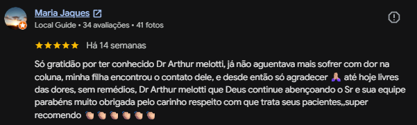 Avaliação real de paciente do Dr. Arthur Melotti no Google